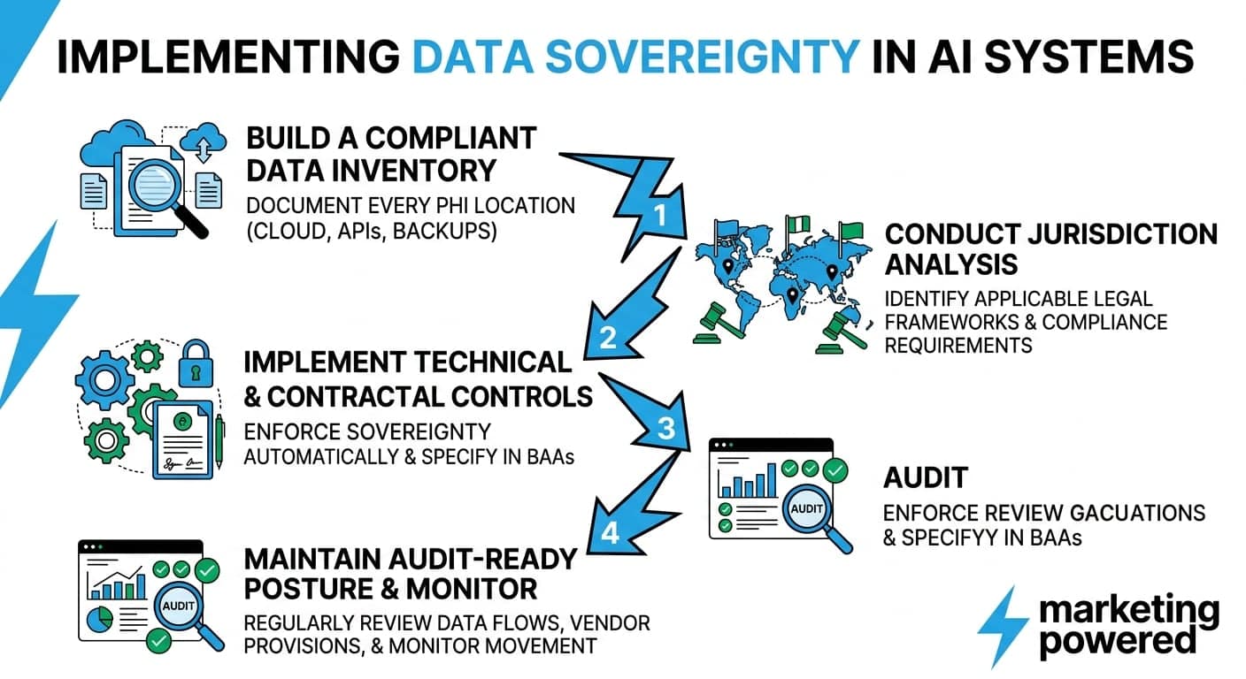 Implementing data sovereignty in AI systems: build a compliant data inventory, conduct jurisdiction analysis, implement controls, maintain an audit-ready posture