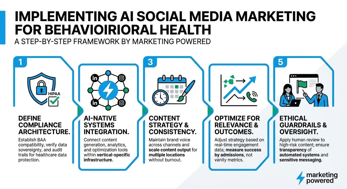 Implementing AI social media marketing for behavioral health: compliance architecture, AI-native integration, content strategy, optimization, ethical oversight