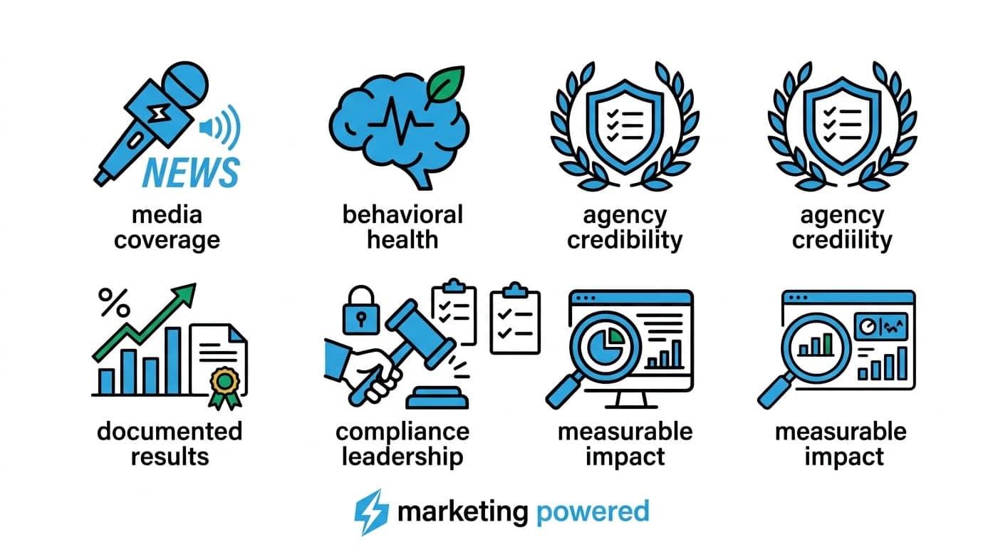 Media coverage themes: media coverage, behavioral health, agency credibility, documented results, compliance leadership, and measurable impact