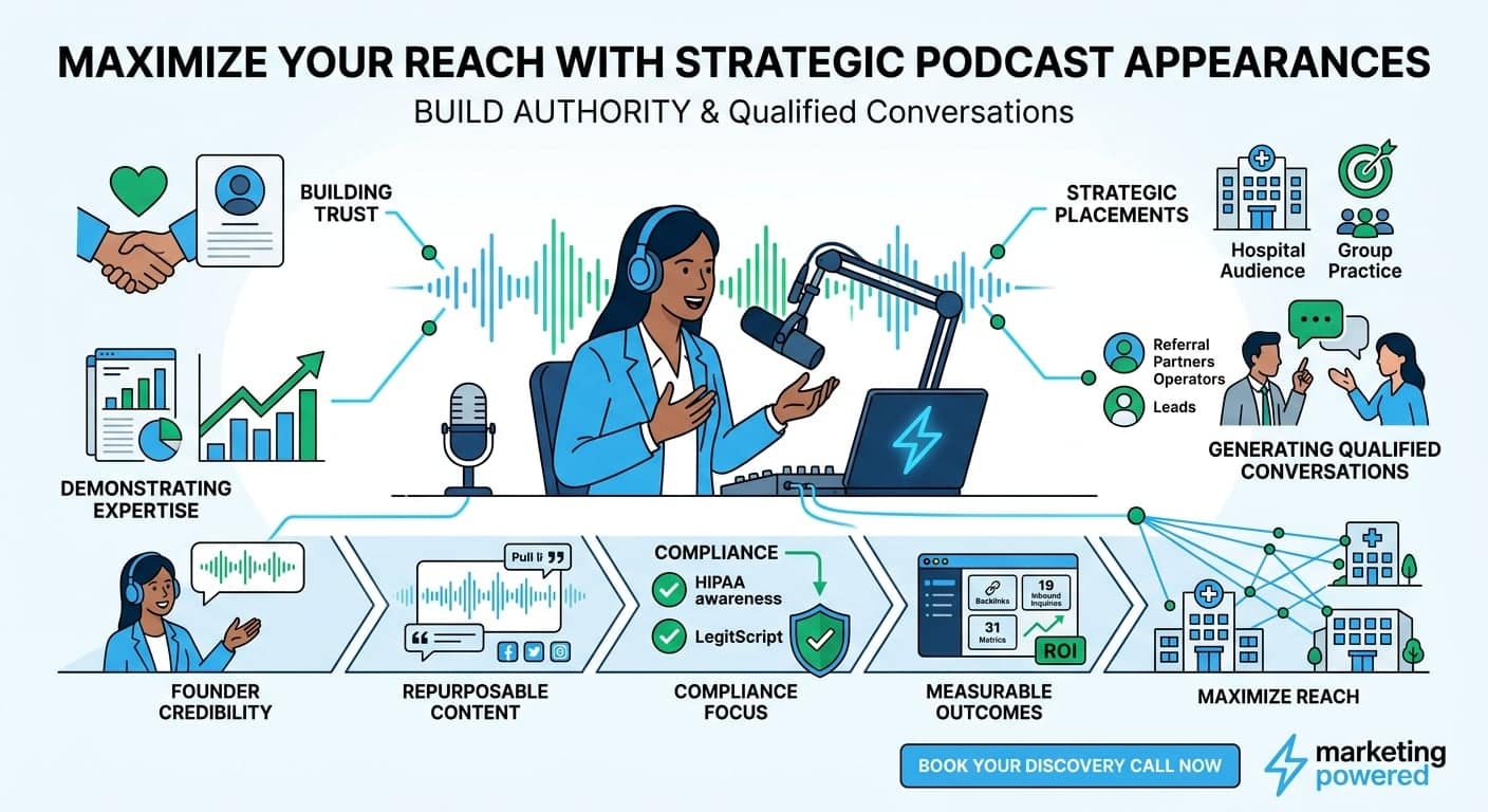 Strategic podcast appearances that build authority and qualified conversations: building trust, demonstrating expertise, strategic placements, founder credibility, and compliance focus