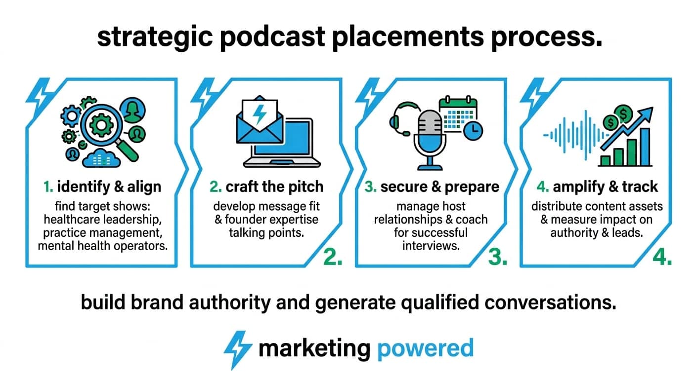 The strategic podcast placements process: identify and align, craft the pitch, secure and prepare, and amplify and track