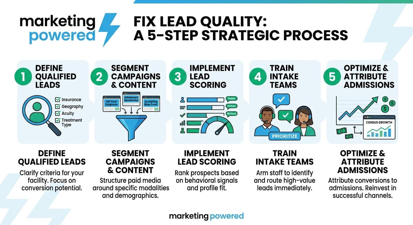 Fix lead quality, a five-step strategic process: define qualified leads, segment campaigns and content, implement lead scoring, train intake teams, and optimize and attribute admissions