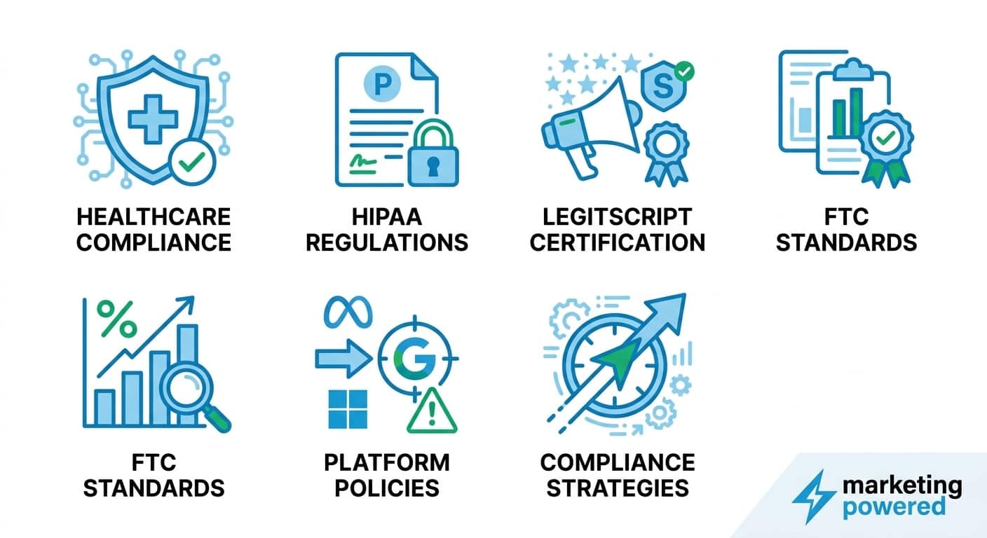 Healthcare advertising compliance areas: HIPAA regulations, LegitScript certification, FTC standards, platform policies, and compliance strategies