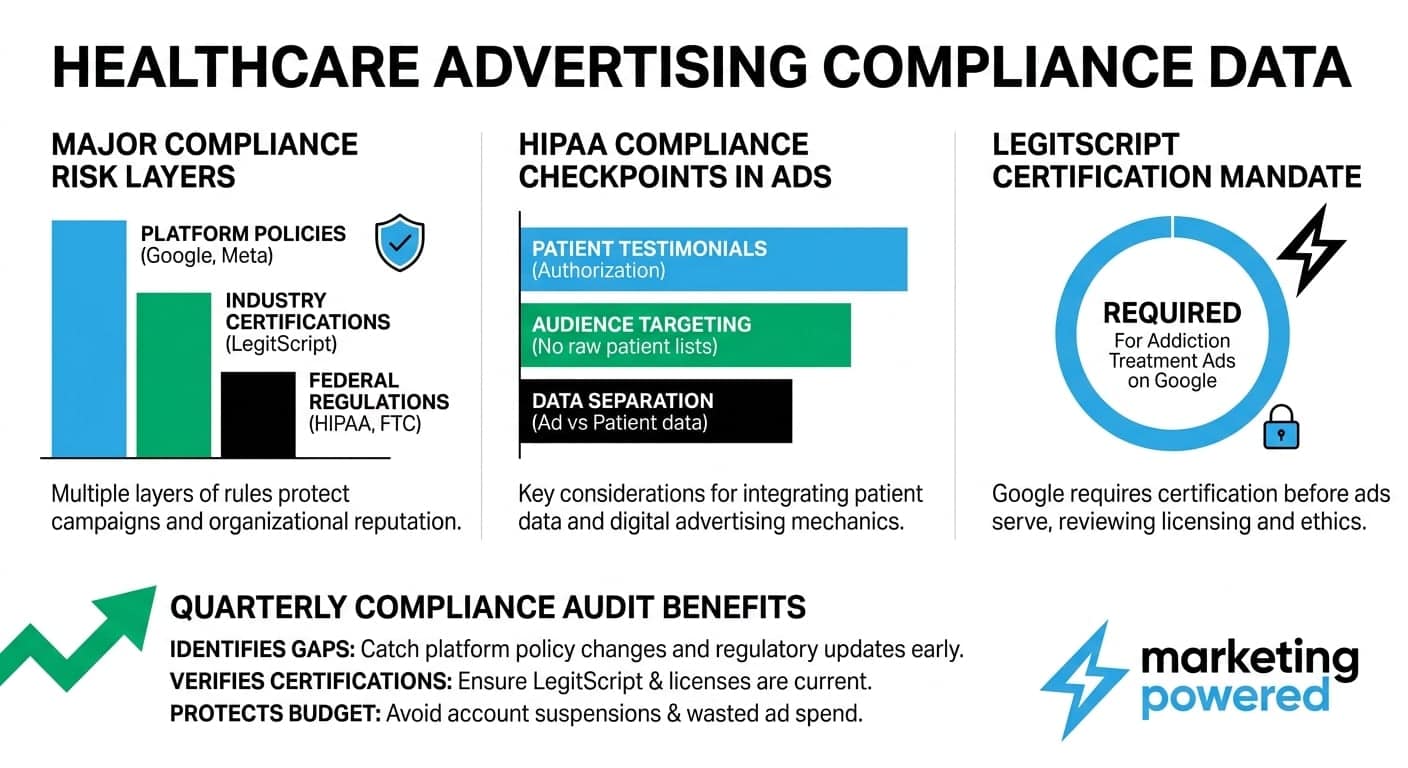 Healthcare advertising compliance data: major risk layers, HIPAA checkpoints in ads, the LegitScript certification mandate, and quarterly audit benefits