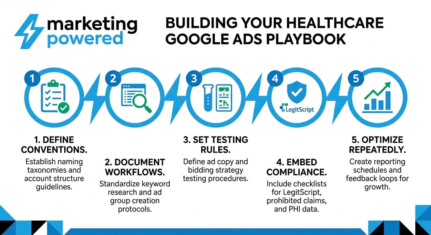 Building your healthcare Google Ads playbook: define conventions, document workflows, set testing rules, embed compliance, and optimize repeatedly
