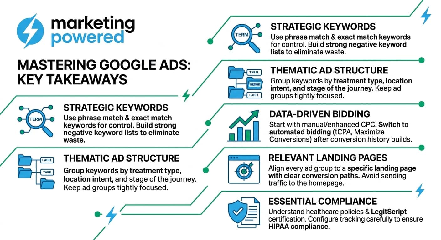 Mastering Google Ads key takeaways: strategic keywords, thematic ad structure, data-driven bidding, relevant landing pages, and essential compliance