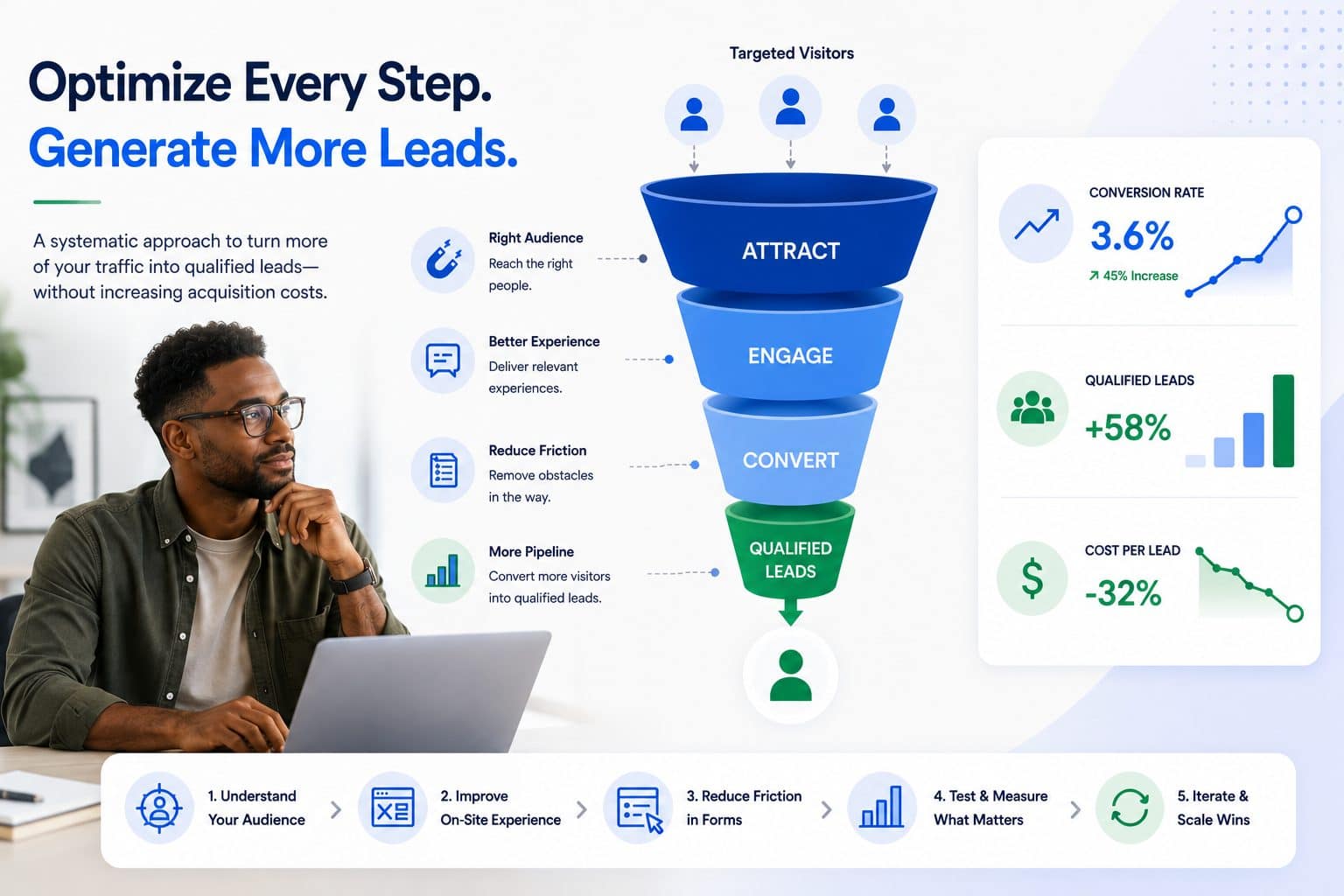 Optimize every step, generate more leads: a systematic approach to turn more of your traffic into qualified leads without increasing acquisition costs