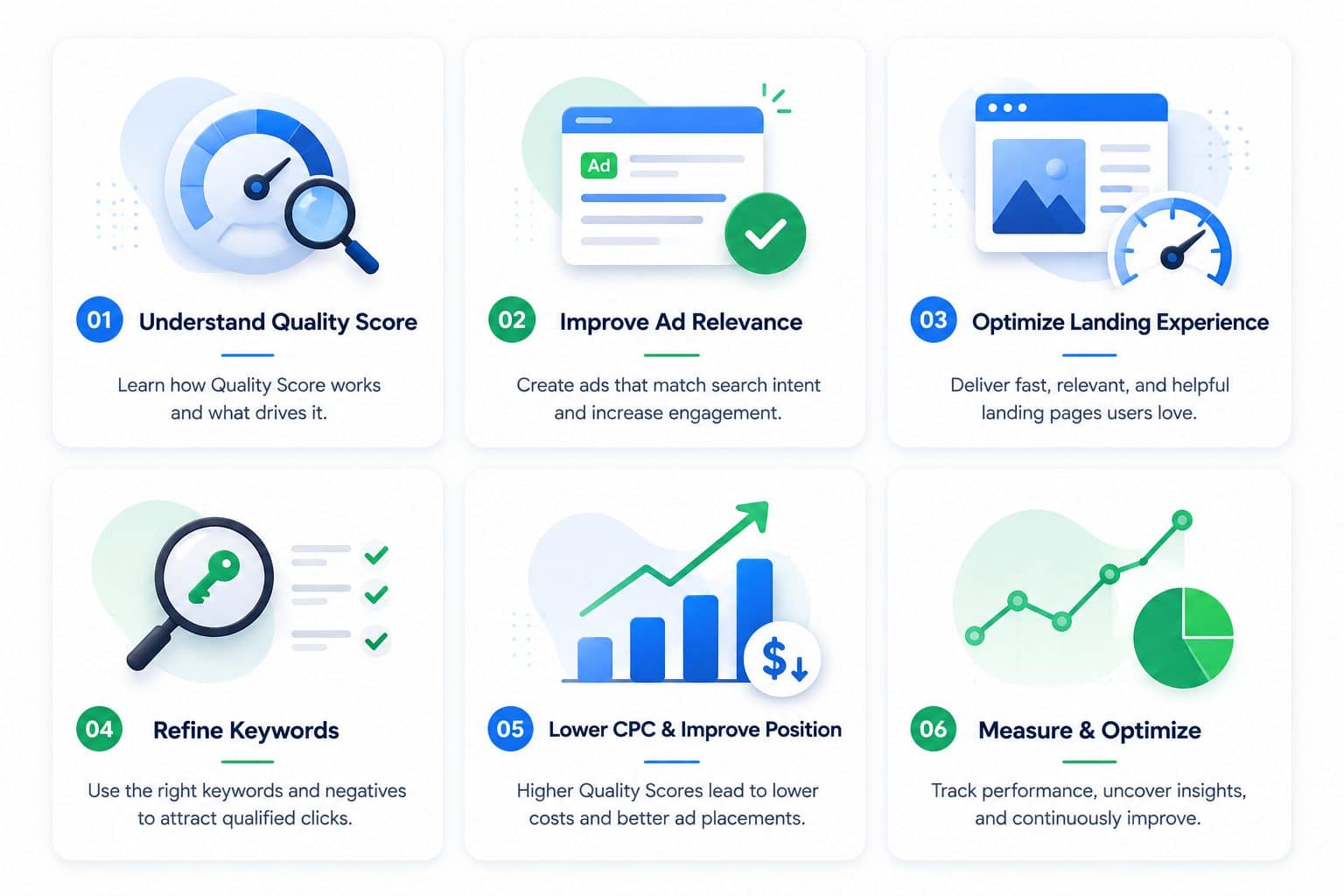 Six steps to Quality Score optimization: understand quality score, improve ad relevance, optimize landing experience, refine keywords, lower CPC, and measure