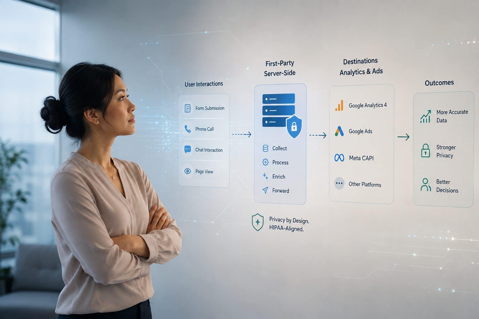 How server-side tracking works: user interactions flow through a first-party server container to analytics and ad destinations with privacy by design