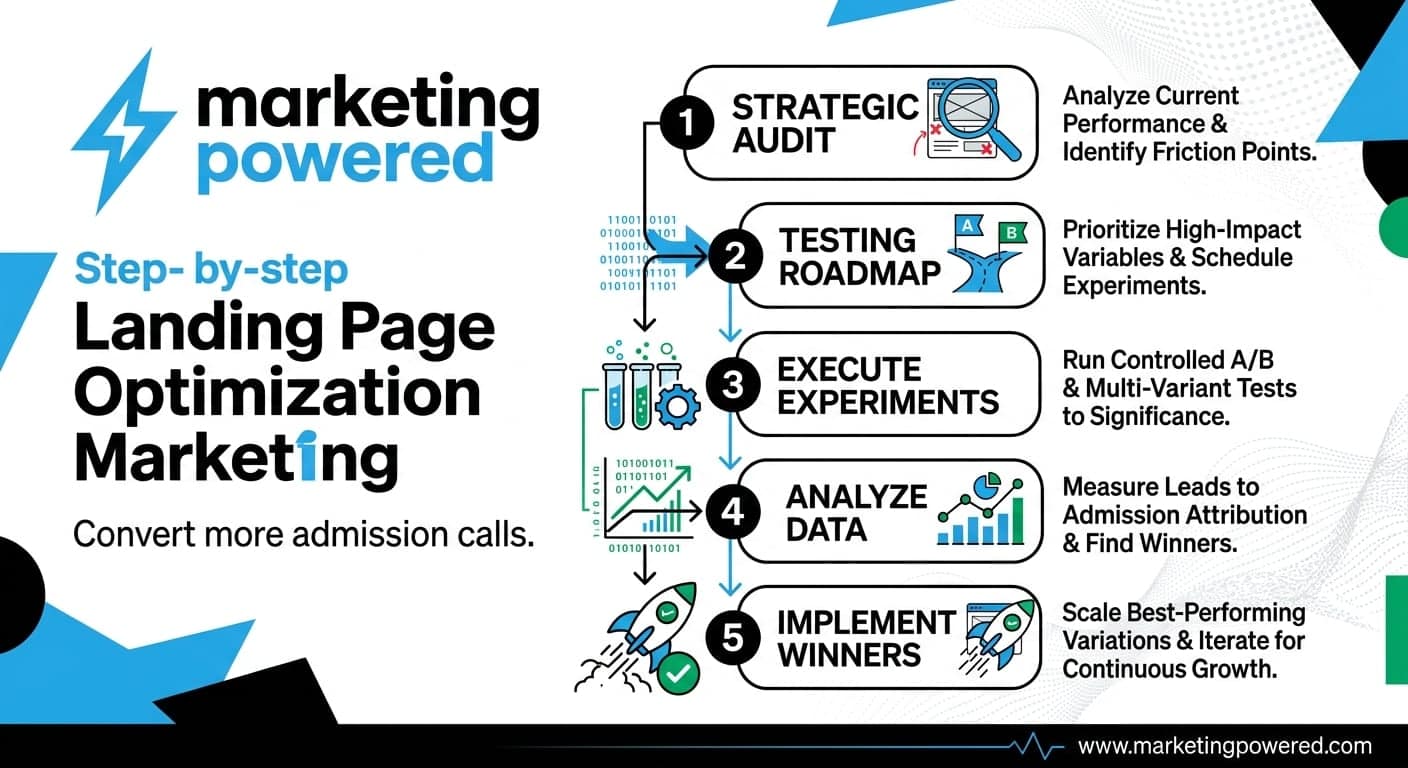 Landing page optimization process: strategic audit, testing roadmap, execute experiments, analyze data, and implement winners