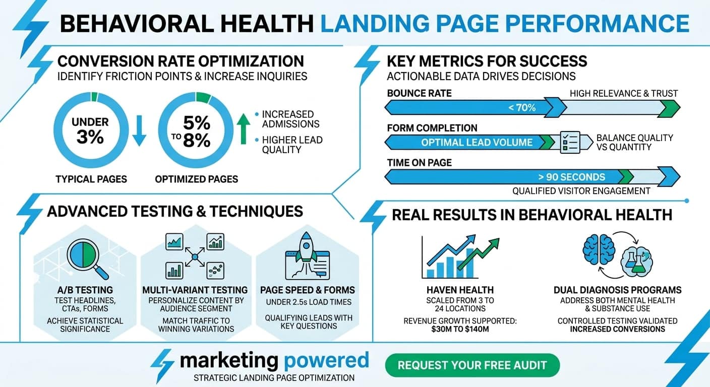Behavioral health landing page performance: optimized pages convert 5-8%, lower bounce, Multi-location behavioral health landing page performance
