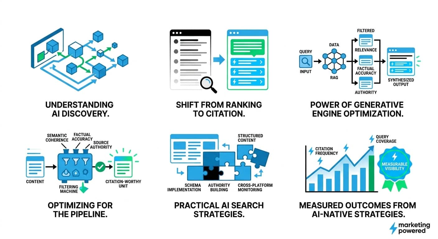 AI discovery optimization essentials: understanding AI discovery, shift from ranking to citation, generative engine optimization, practical AI search strategies, measured outcomes