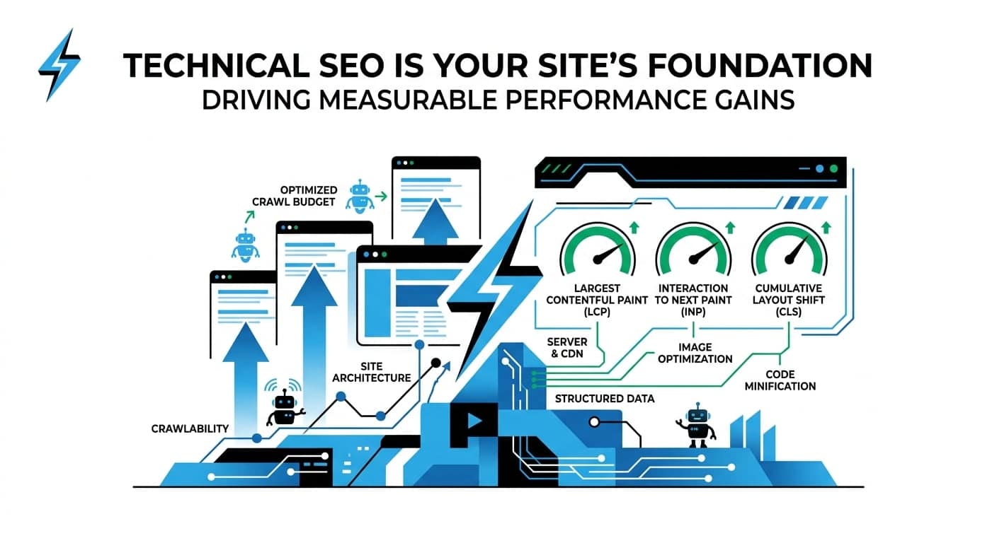 Technical SEO is your site's foundation: crawlability, site architecture, and Core Web Vitals driving performance gains