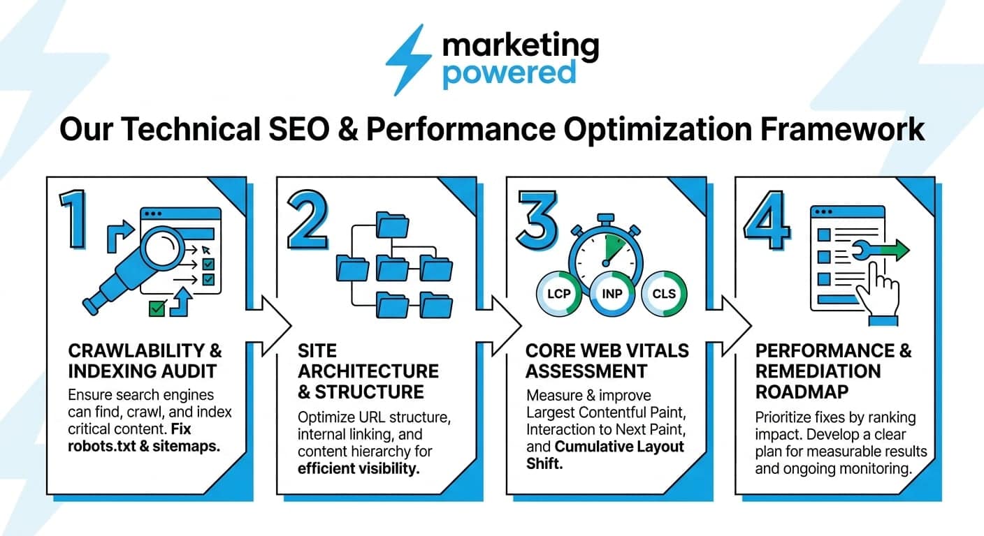 Our technical SEO and performance framework: crawlability and indexing audit, site architecture, Core Web Vitals assessment, performance and remediation roadmap