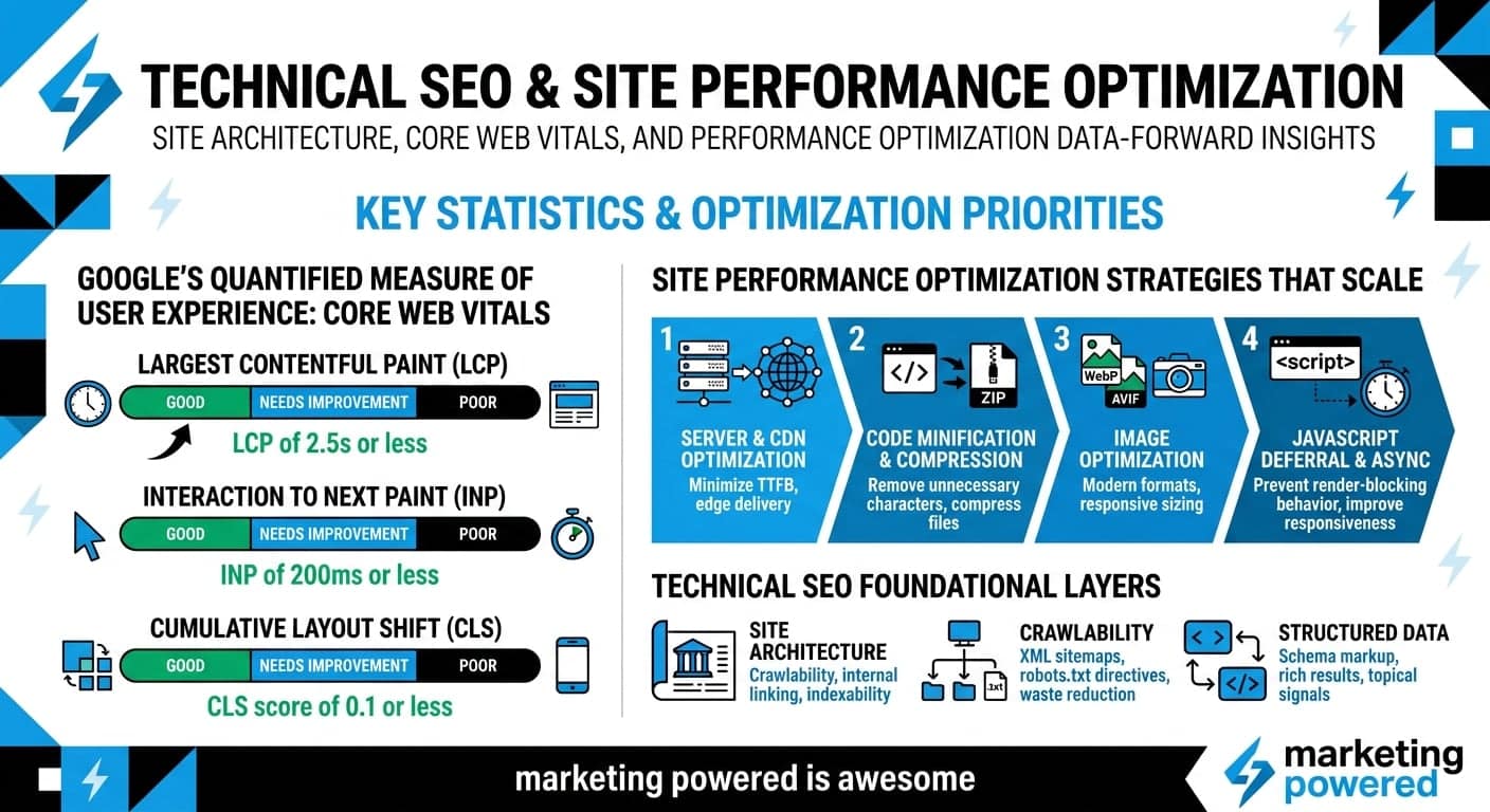 Technical SEO key statistics: Core Web Vitals targets, performance optimization strategies, and foundational SEO layers