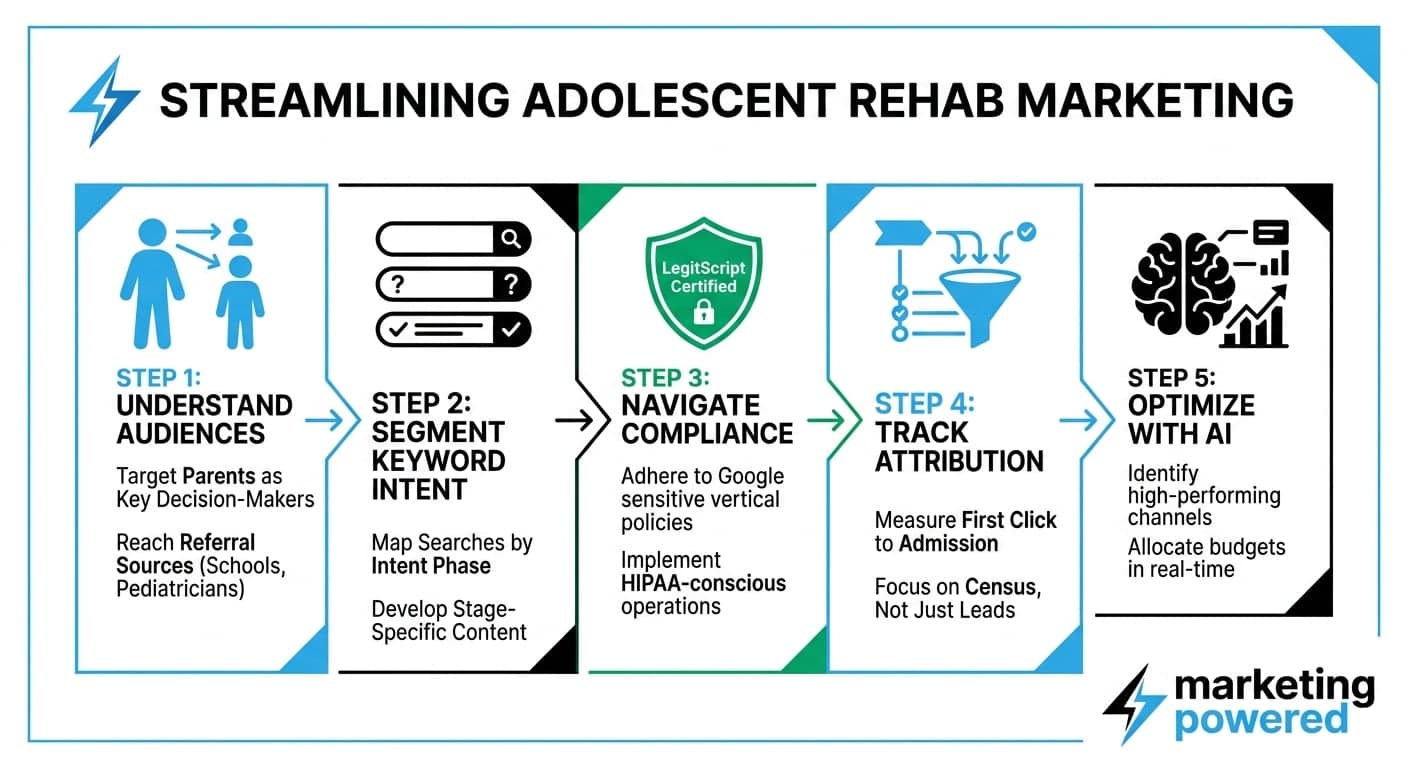 Streamlining adolescent rehab marketing: a five-step process from compliant strategy through attribution to admission and census