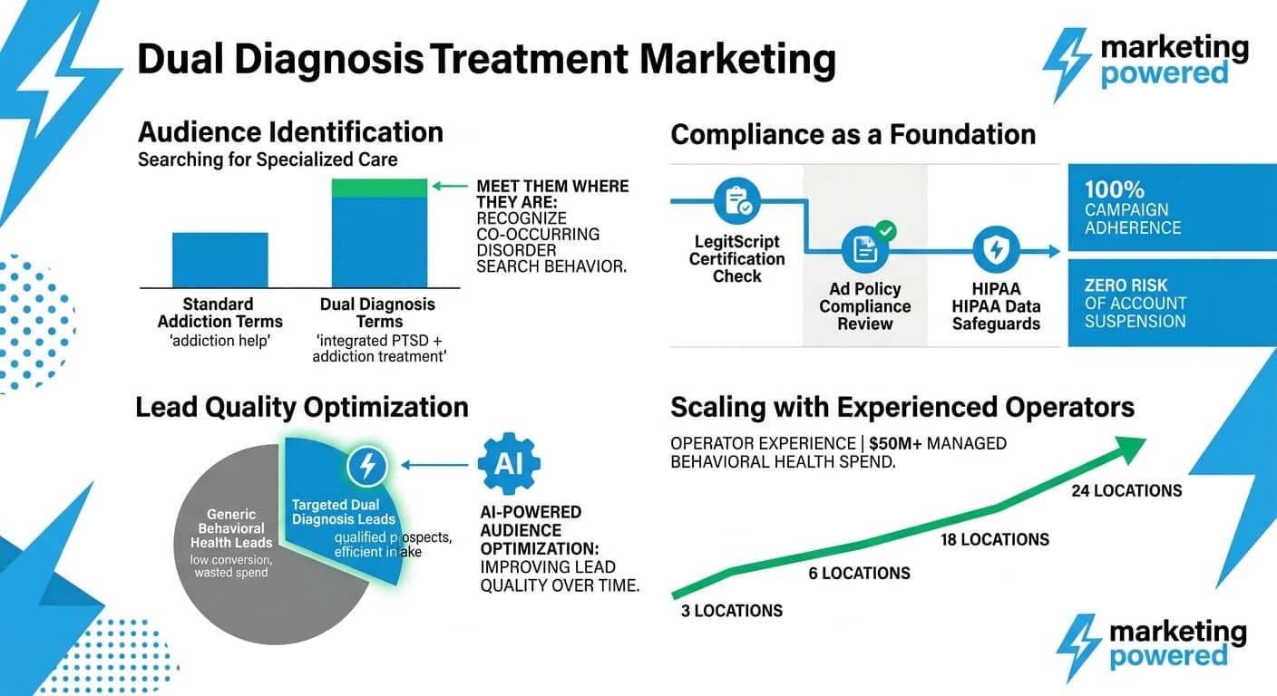 Dual diagnosis treatment marketing: audience identification, compliance as foundation, lead quality optimization, and scaling across locations