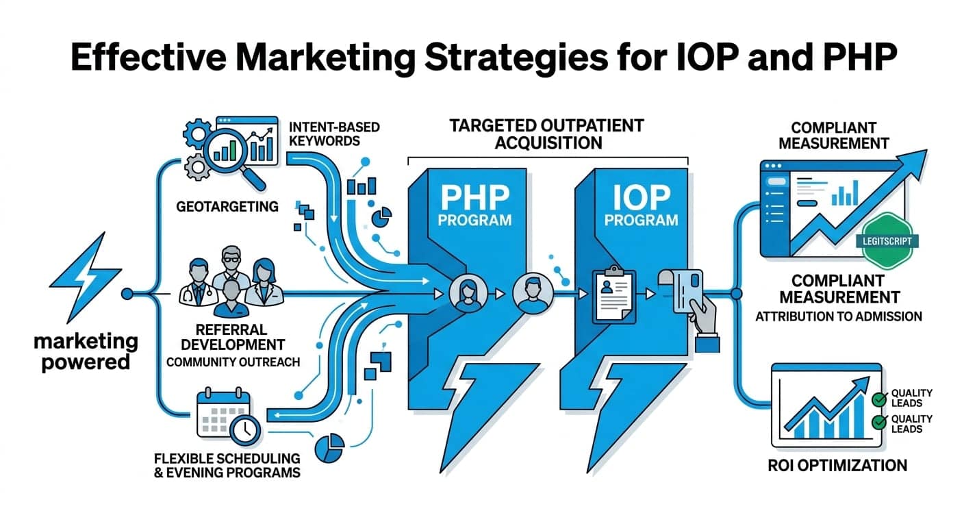 Targeted outpatient acquisition for IOP and PHP: intent-based keywords, geotargeting, and referral development with compliant measurement