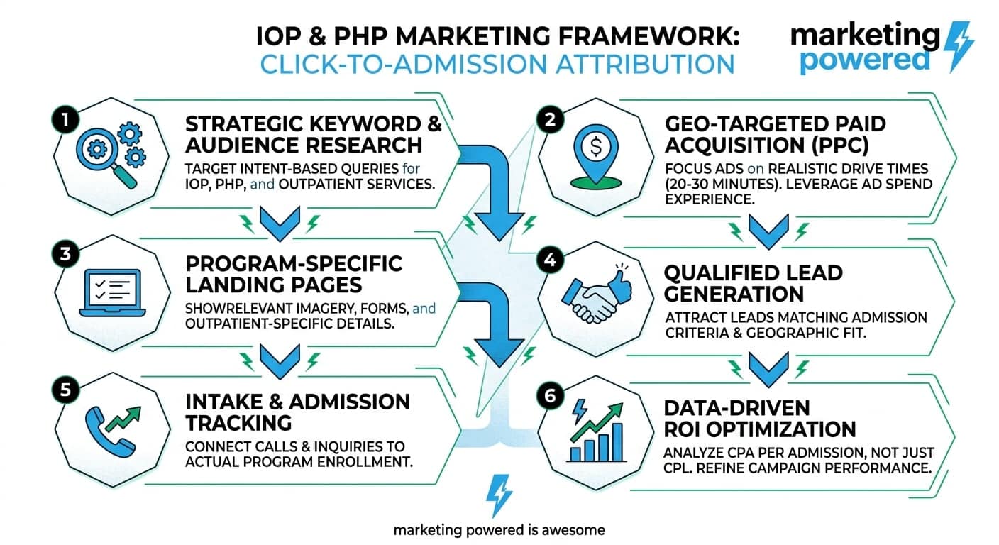 The IOP and PHP marketing framework: click-to-admission attribution across keyword research, geo-targeted acquisition, landing pages, and ROI optimization