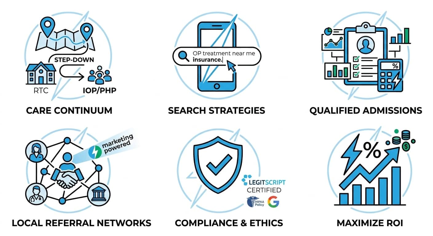 IOP and PHP marketing capabilities: care continuum, search strategies, qualified admissions, local referral networks, compliance, and maximized ROI