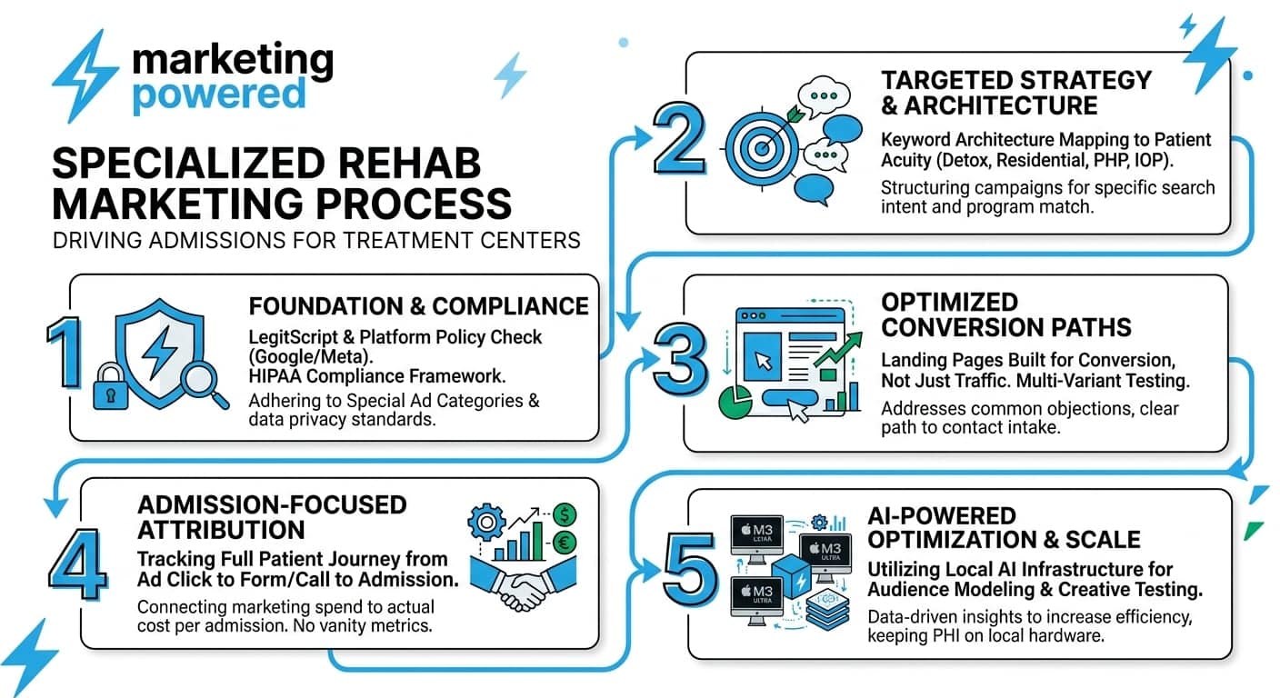 Our specialized rehab marketing process: compliant audit, strategic build, full-funnel attribution, and continuous optimization to admission