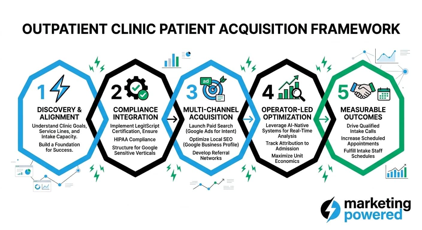 Outpatient clinic patient acquisition framework: discovery and alignment, compliance integration, multi-channel acquisition, operator-led optimization, measurable outcomes