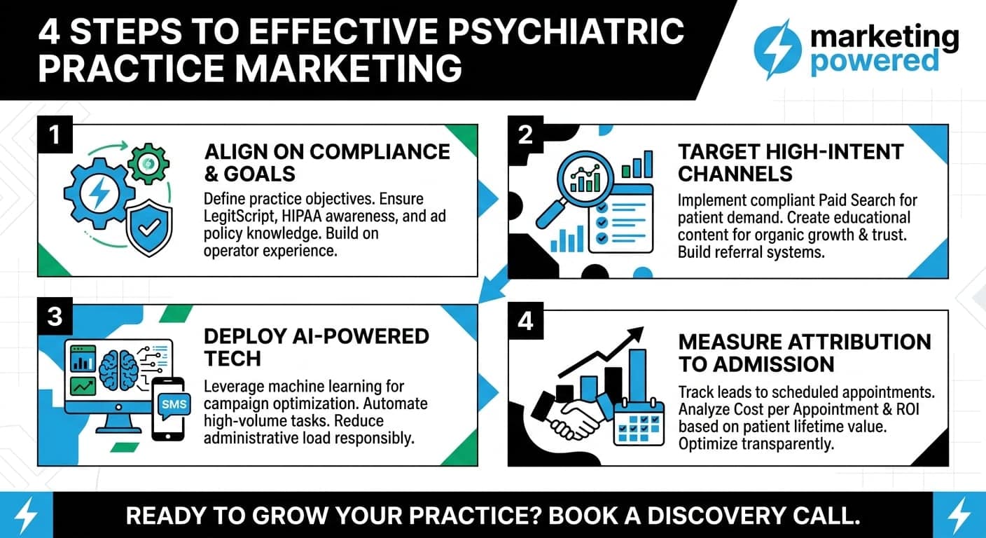 Four steps to effective psychiatric practice marketing: align on compliance and goals, target high-intent channels, deploy AI-powered tech, measure attribution to admission