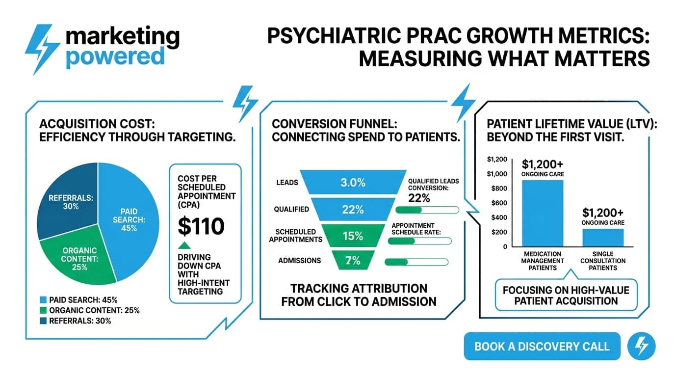 Psychiatric practice growth metrics: acquisition cost efficiency, click-to-admission conversion funnel, and patient lifetime value