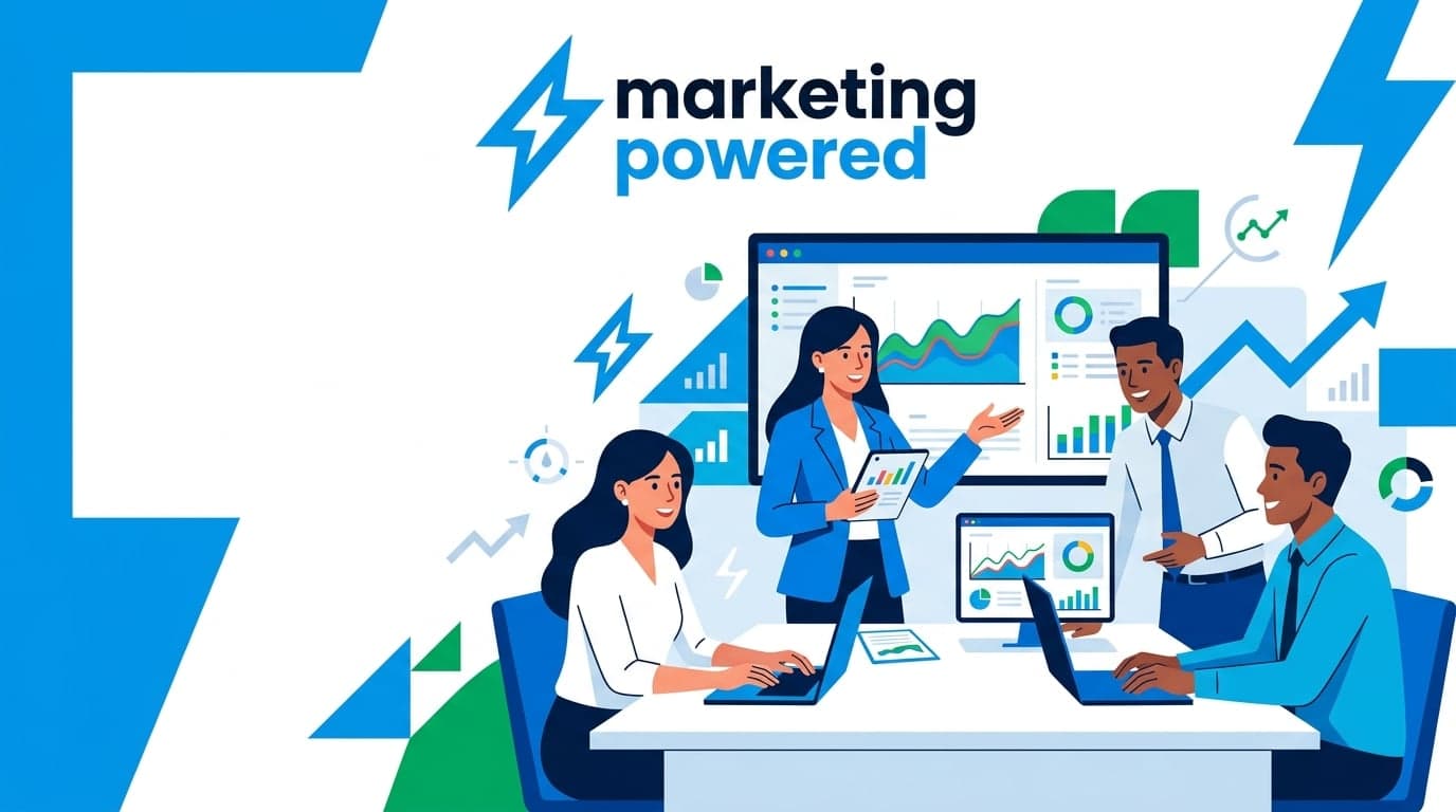 Marketing Powered AI marketing agency team collaborating on behavioral health campaign strategy with data dashboards visible