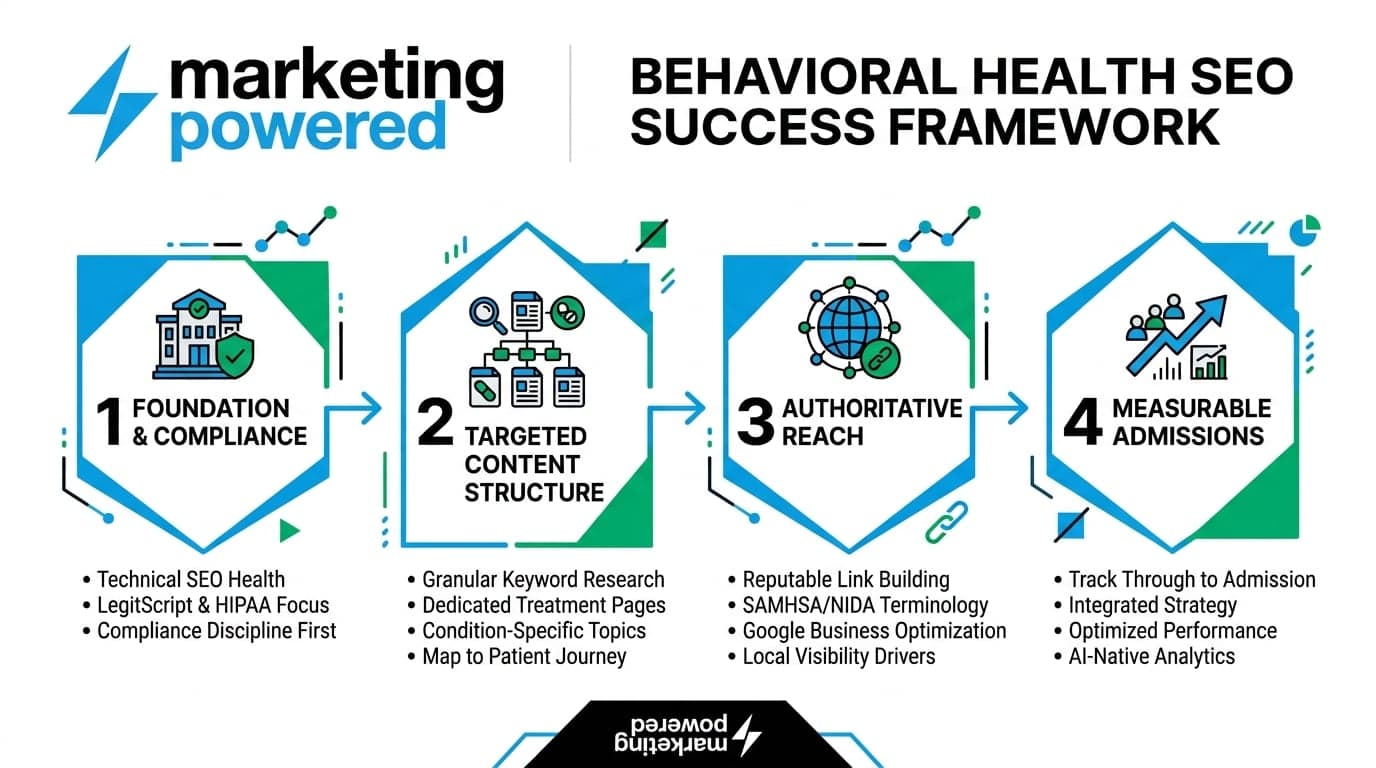The behavioral health SEO success framework: foundation and compliance, targeted content structure, authoritative reach, and measurable admissions