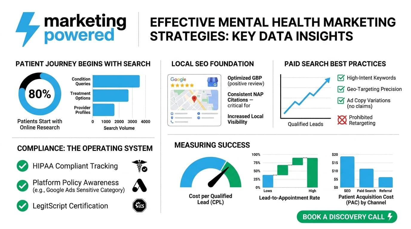 Effective mental health marketing key data insights: patient journey begins with search, local SEO foundation, paid search best practices, and measuring success