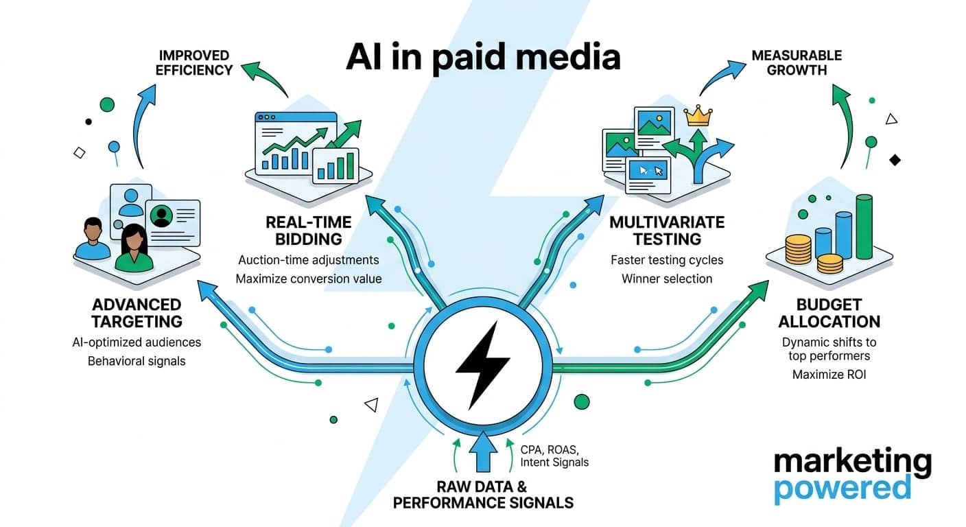 AI in paid media: advanced targeting, real-time bidding, multivariate testing, and budget allocation