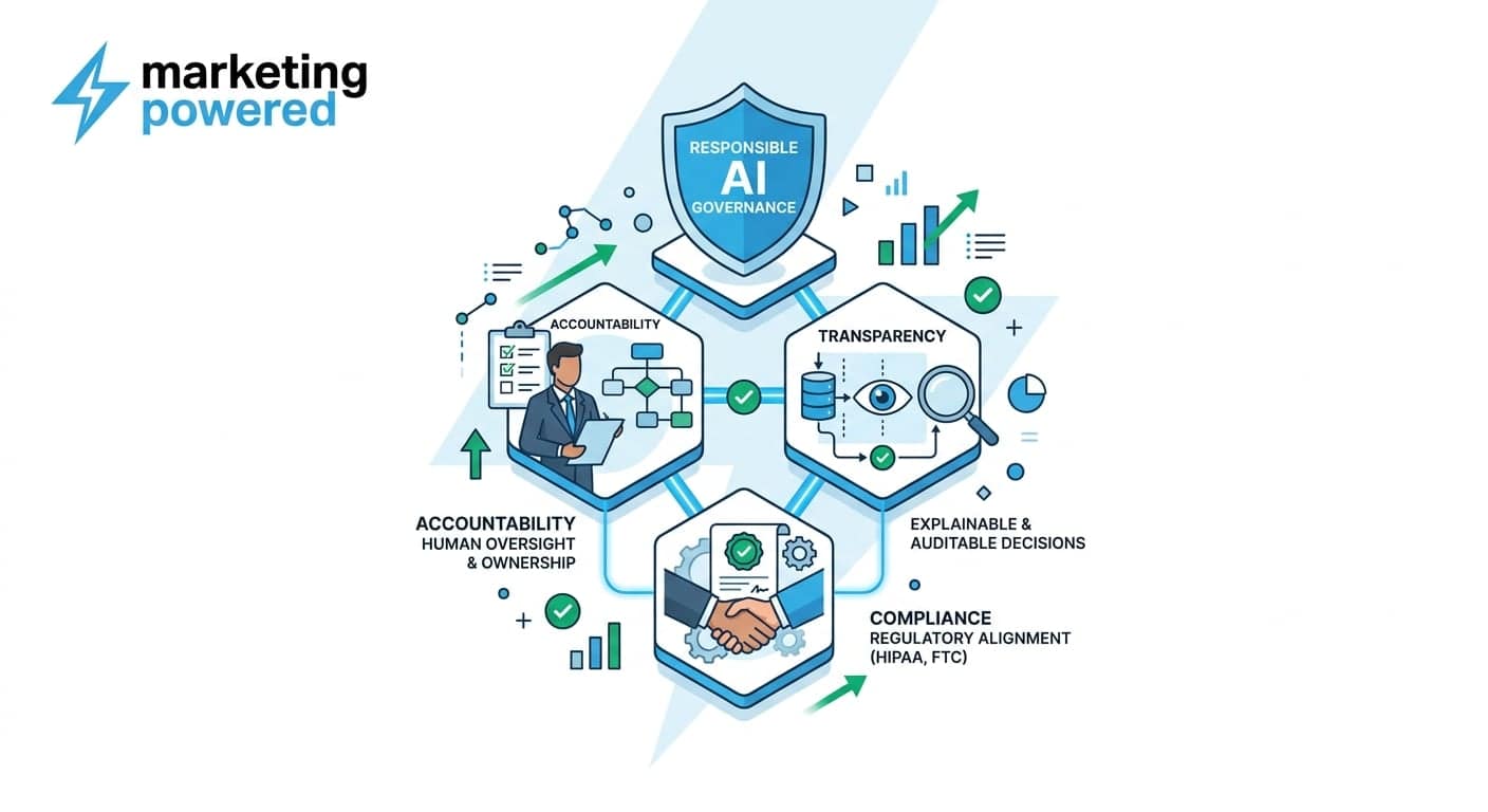 Responsible AI governance built on accountability, transparency, and compliance with regulatory alignment (HIPAA, FTC)