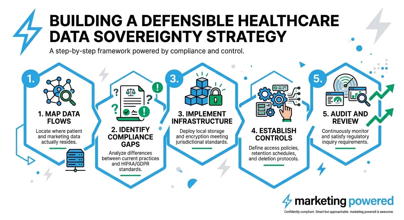 Building a defensible healthcare data sovereignty strategy: map data flows, identify compliance gaps, implement infrastructure, establish controls, and audit and review