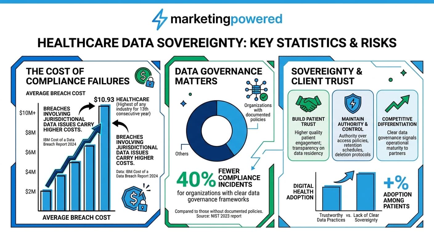 Healthcare data sovereignty, key statistics and risks: the cost of compliance failures, why data governance matters, and how sovereignty builds client trust