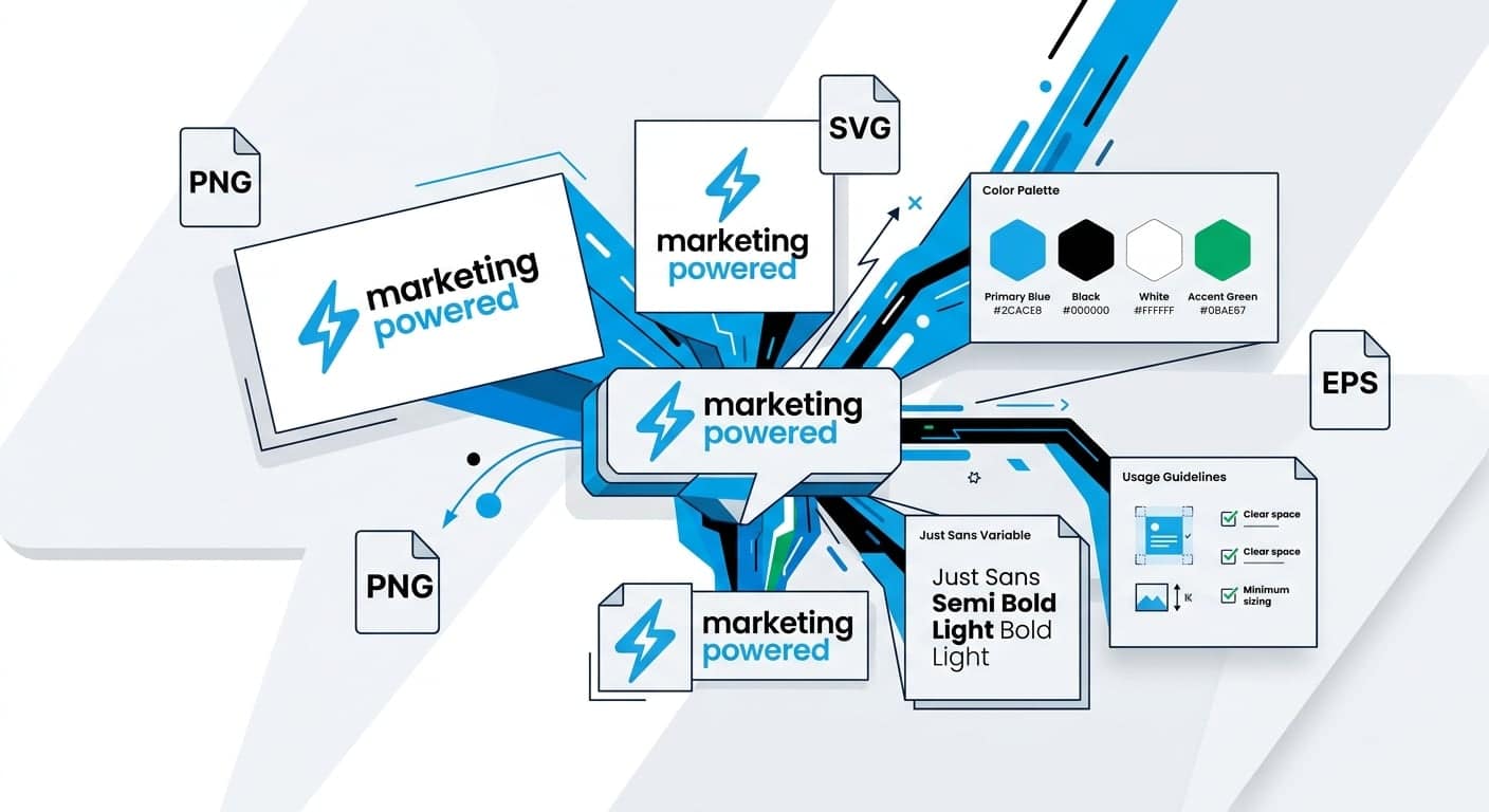 The Marketing Powered brand kit: logo files (PNG, SVG, EPS), the color palette, typography, and usage guidelines