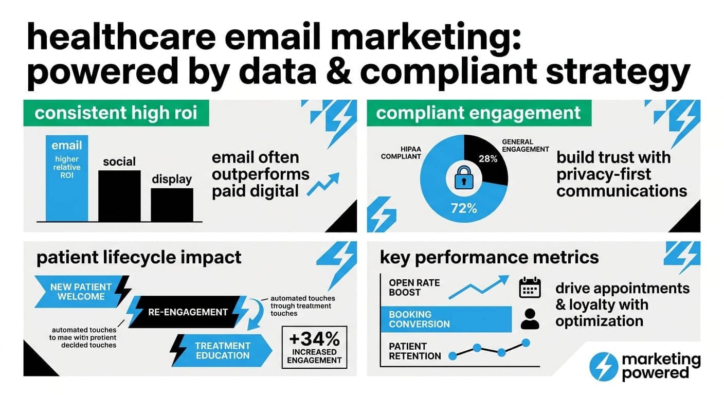 Healthcare email marketing powered by data and compliant strategy: consistent high ROI, compliant engagement, patient lifecycle impact, and key performance metrics