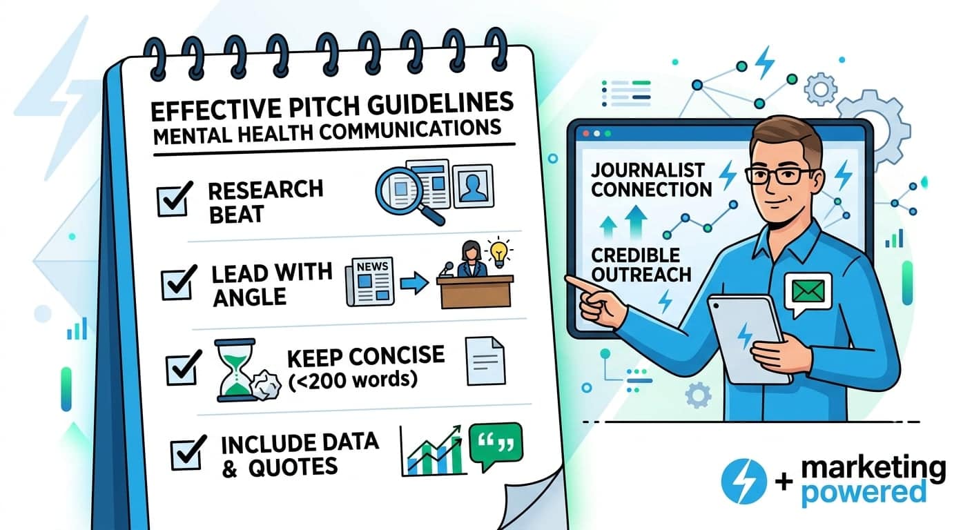 Effective pitch guidelines for mental health communications: research the beat, lead with the angle, keep it concise, and include data and quotes for credible outreach