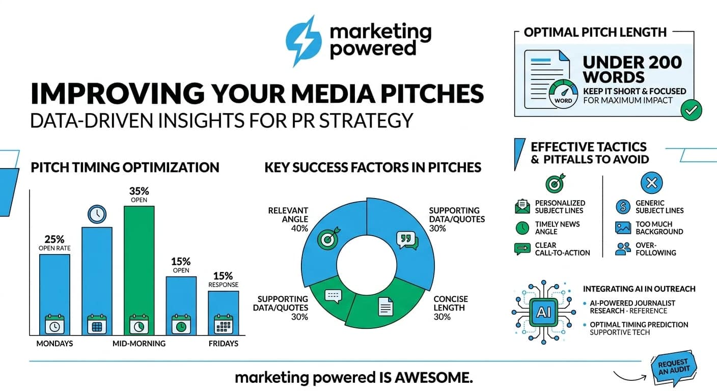 Improving your media pitches, data-driven insights for PR strategy: pitch timing optimization, key success factors, effective tactics and pitfalls, and integrating AI in outreach