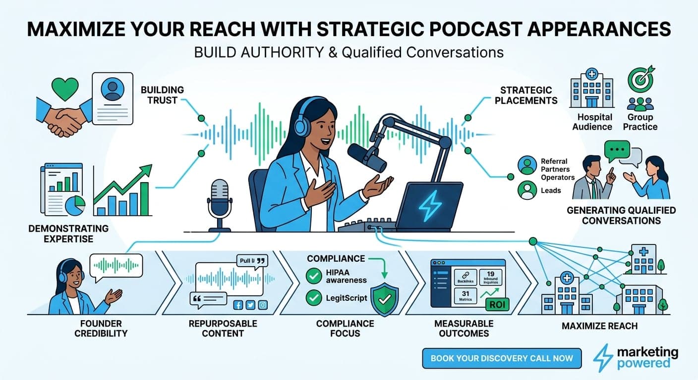 Strategic podcast appearances that build authority and qualified conversations: building trust, demonstrating expertise, strategic placements, founder credibility, and compliance focus
