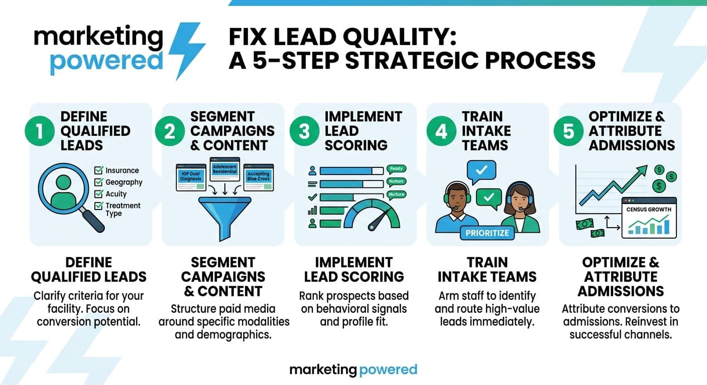 Fix lead quality, a five-step strategic process: define qualified leads, segment campaigns and content, implement lead scoring, train intake teams, and optimize and attribute admissions