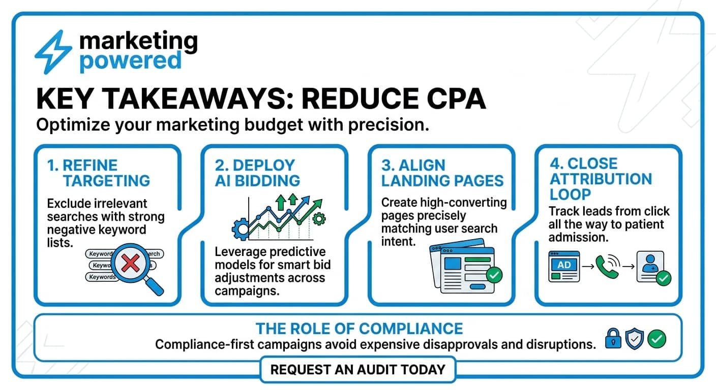 Key takeaways to reduce CPA: refine targeting, deploy AI bidding, align landing pages, and close the attribution loop to admission