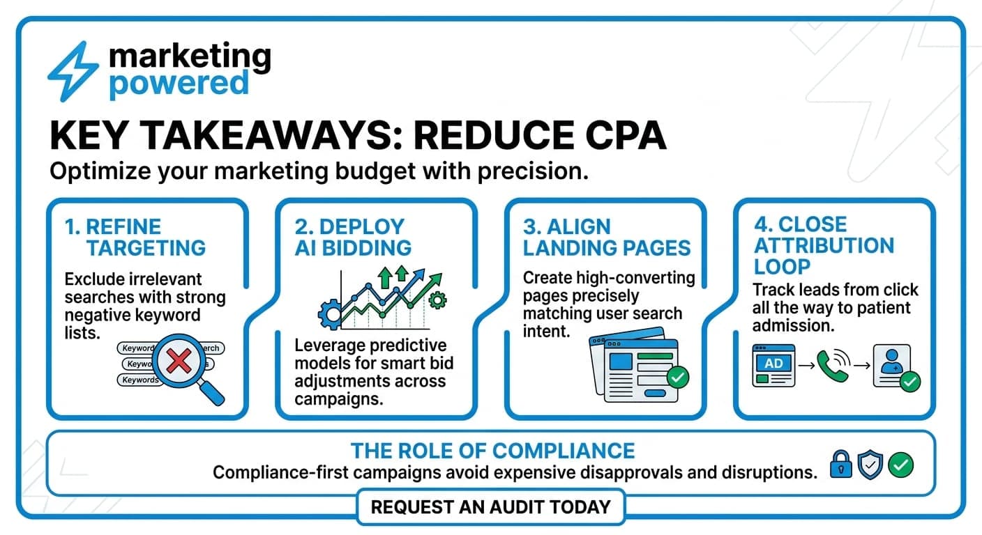 Key takeaways to reduce CPA: refine targeting, deploy AI bidding, align landing pages, and close the attribution loop to admission