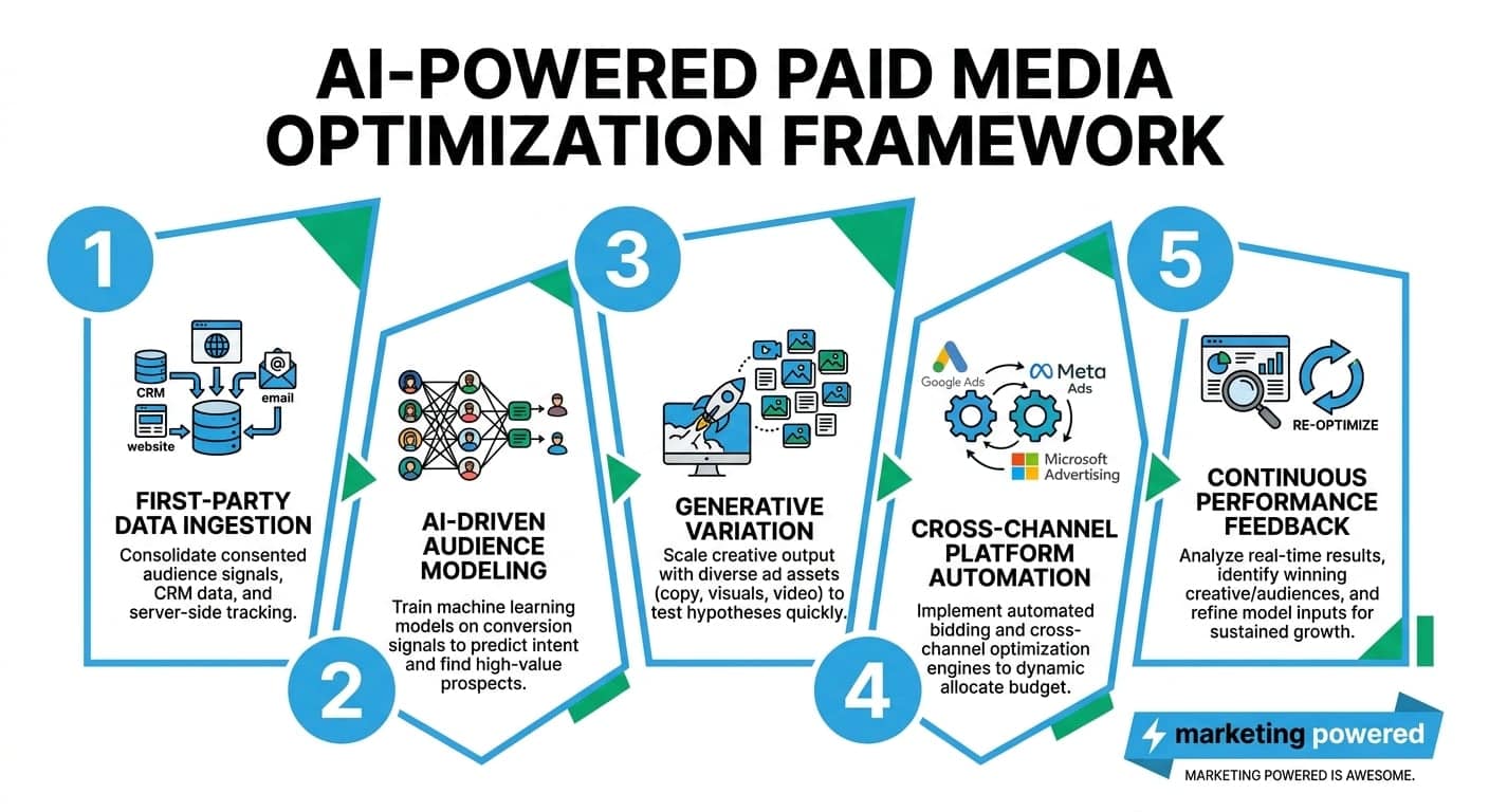 The AI-powered paid media optimization framework: first-party data ingestion, AI-driven audience modeling, generative variation, cross-channel automation, and continuous performance feedback
