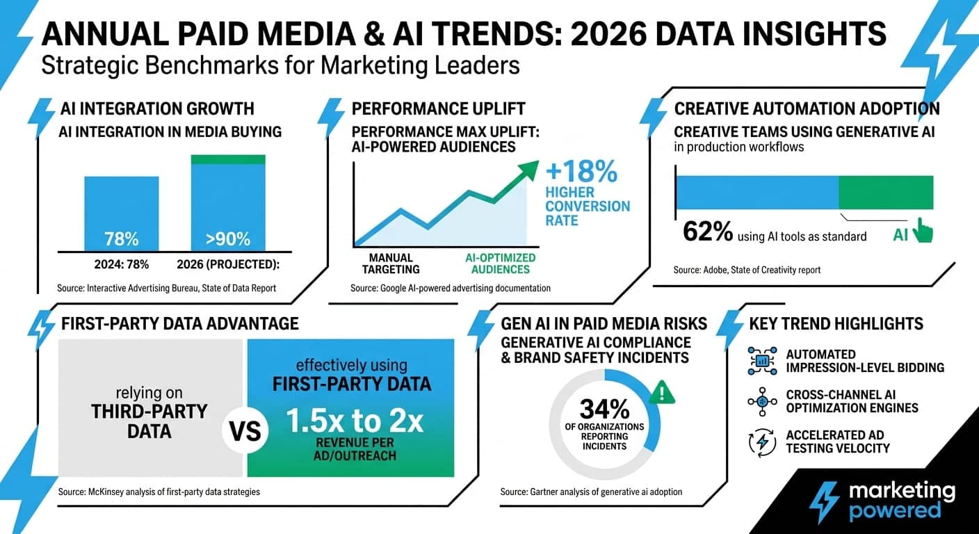 Annual paid media and AI trends, 2026 data insights: AI integration growth, performance uplift, creative automation adoption, the first-party data advantage, and generative AI risks