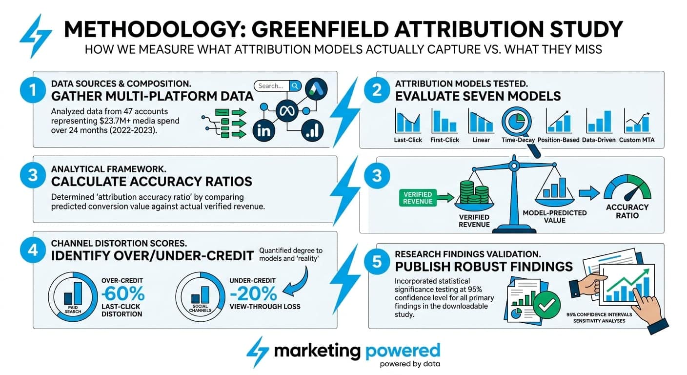 Methodology, the Greenfield attribution study: gather multi-platform data, evaluate seven models, calculate accuracy ratios, identify over/under-credit, and publish robust findings