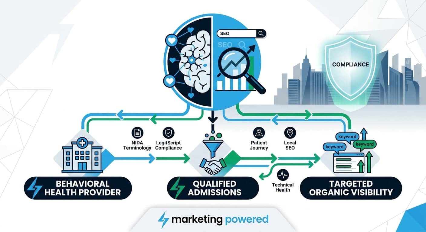 From behavioral health provider to qualified admissions and targeted organic visibility, via NIDA terminology, LegitScript compliance, patient journey, and local SEO