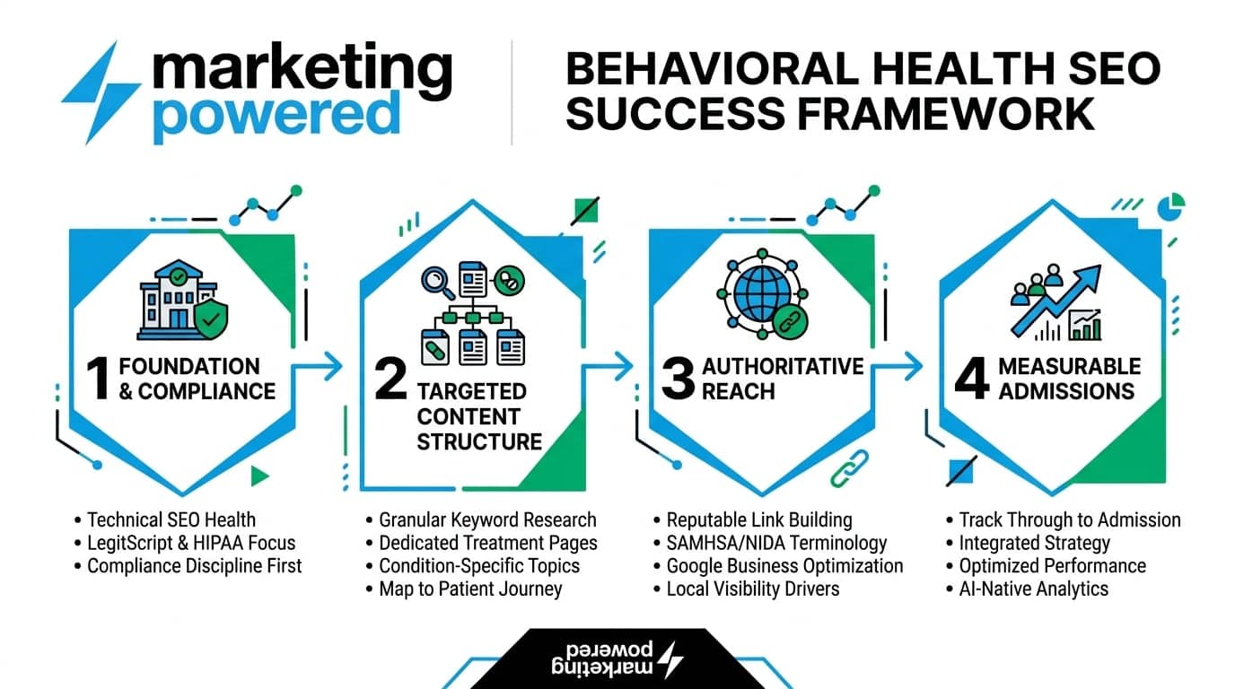 The behavioral health SEO success framework: foundation and compliance, targeted content structure, authoritative reach, and measurable admissions