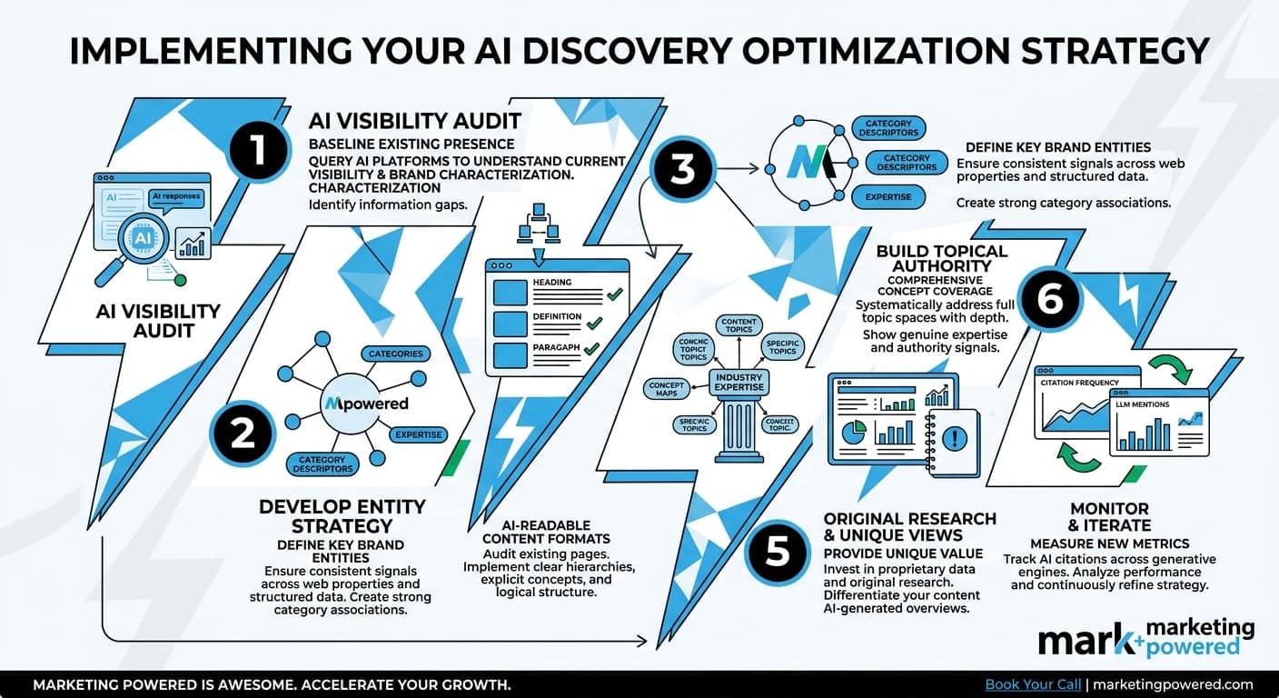 Implementing your AI discovery optimization strategy: visibility audit, entity strategy, brand entities, AI-readable content, original research, topical authority, and monitoring