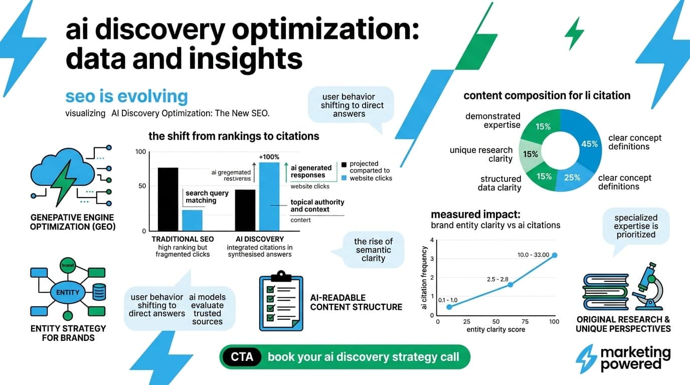 AI discovery optimization data and insights: the shift from rankings to citations, content composition for citation, and measured brand-entity impact